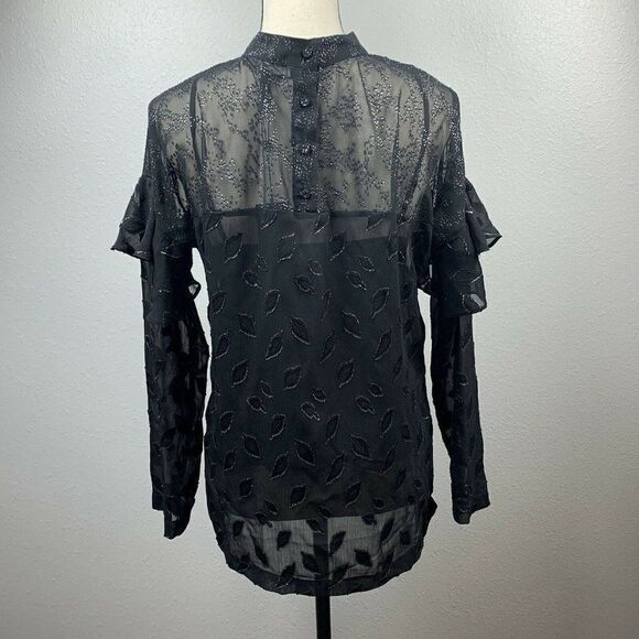 BCBGMAXAZRIA Blouse Womens XXS Black High-Low Sheer Chiffon Metallic Shirt - Picture 5 of 6